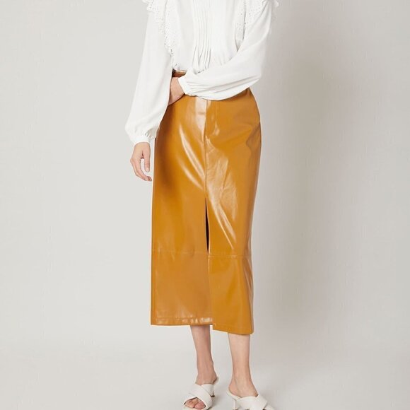Faux Leather Split Skirt Mustard Yellow - Picture 1 of 5